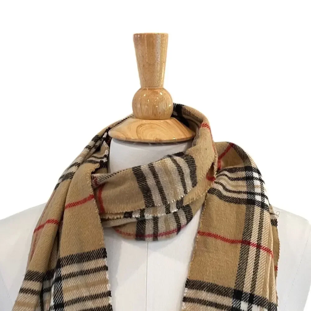 Cashmere Scarf, Tan Plaid Nova Check, Fringe, Made in Scotland, Unisex, 12 x 68